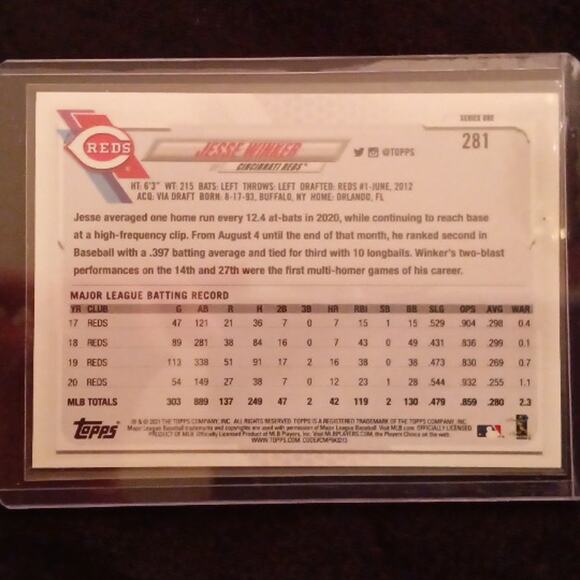 Jesse Winker #33 Cincinnati Reds Topps Series 1 #281 2020 - Picture 2 of 7
